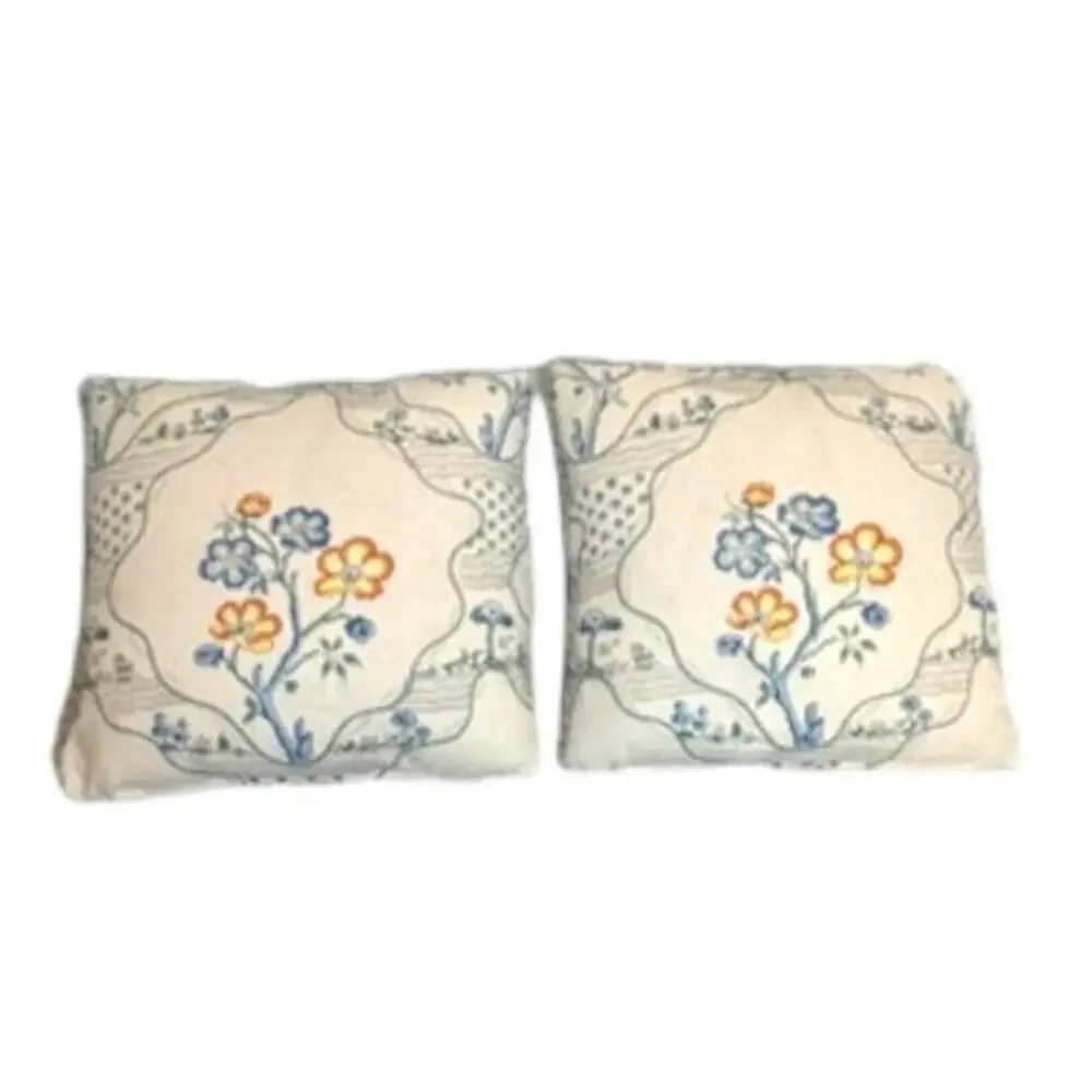 Pair of Custom Schumacher Marella Delft Embroidered Pillows 15x15 Down Inserts